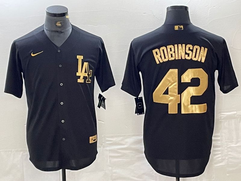 Men Los Angeles Dodgers 42 Robinson Black gold 4 th generation Nike 2024 MLB Jersey style 1